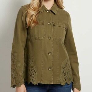 Anthropologie Olive Green Lace Trim Utility Field Jacket Cotton Womens Medium